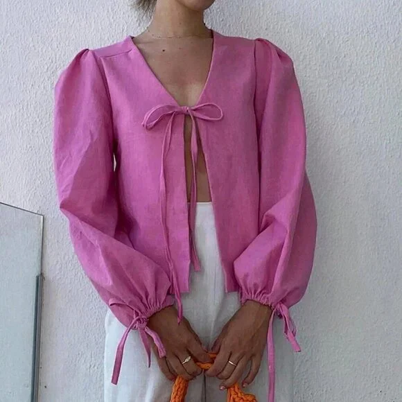 Hot Pink Casual Women's Solid Color Front Tie Lantern Sleeve Loose Blouse - Picture 3 of 5